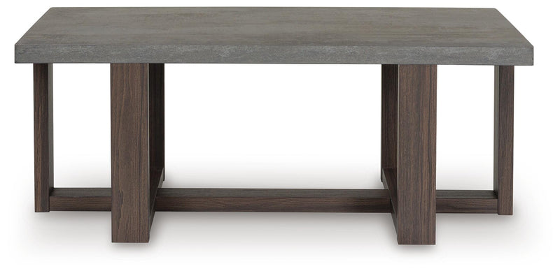 Set of three Dynnford tables by Ashley Furniture with dark wood finish, featuring sleek, modern design and smooth tabletops.