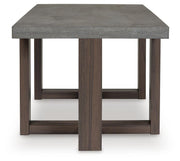 Set of three Ashley Furniture Dynnford side tables with wood finish and modern design, arranged together in a living room setting.