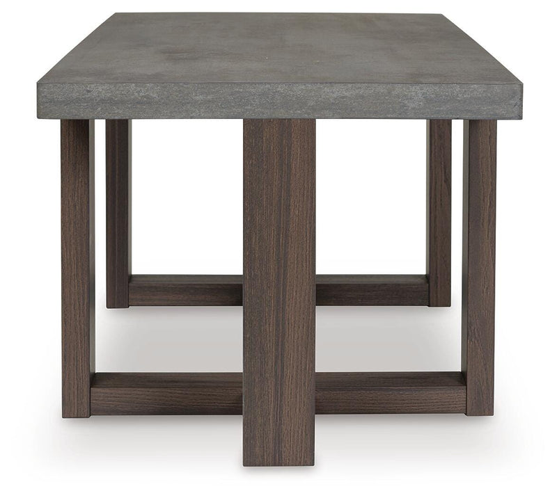 Set of three Ashley Furniture Dynnford side tables with wood finish and modern design, arranged together in a living room setting.