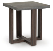 Set of three Ashley Furniture Dynnford tables, shown from an end-angle perspective, featuring modern wood design and sleek finishes.