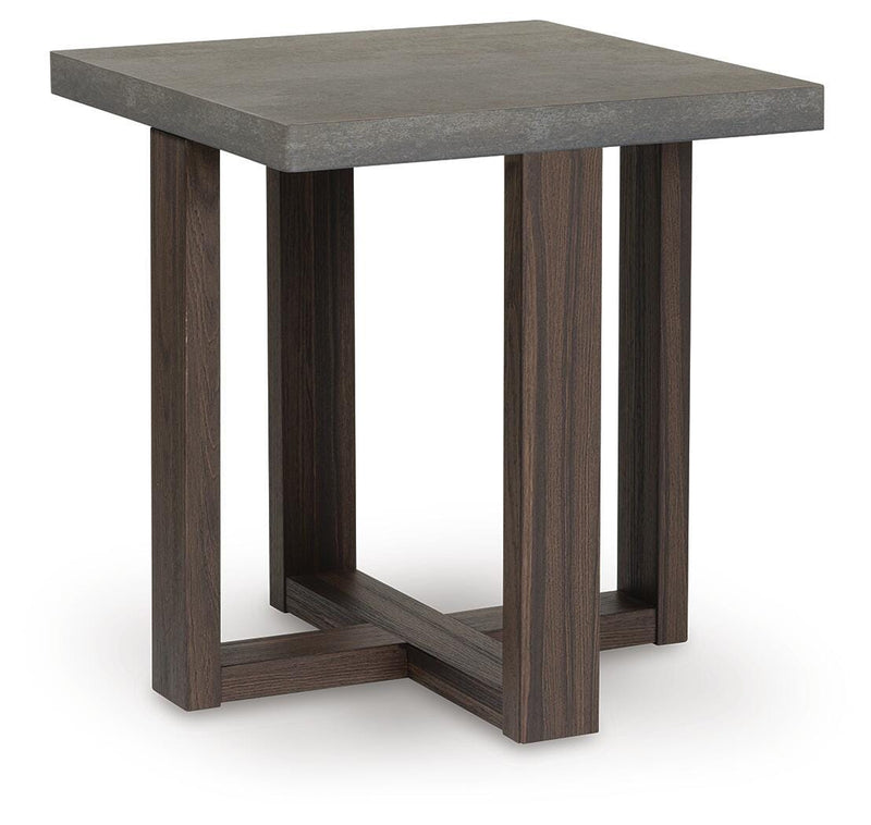 Set of three Ashley Furniture Dynnford tables, shown from an end-angle perspective, featuring modern wood design and sleek finishes.