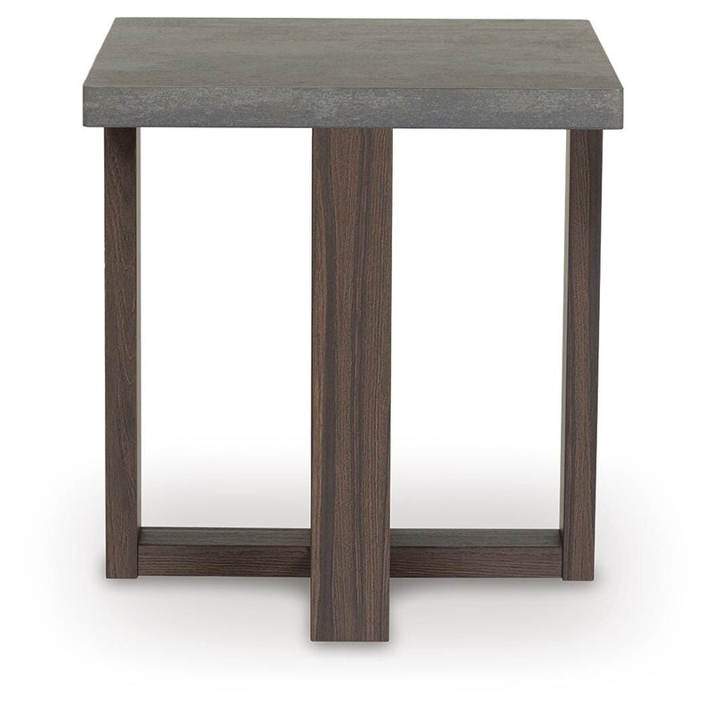 Set of three Ashley Furniture Dynnford tables, side view showing wood finish and sleek design, arranged together in a living room setting.