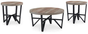 Set of three Ashley Furniture Deanlee tables, angled side tables with wooden tops and black metal legs, shown from a side angle.