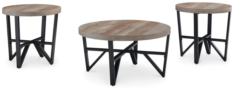 Set of three Ashley Furniture Deanlee tables, angled side tables with wooden tops and black metal legs, shown from a side angle.