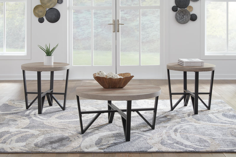 Set of 3 Ashley Furniture Deanlee tables with sleek wooden tops and modern metal legs, perfect for living room decor.