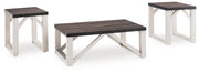 Set of three Ashley Furniture Dorrinson tables with angled wood design, shown from an angled side view.