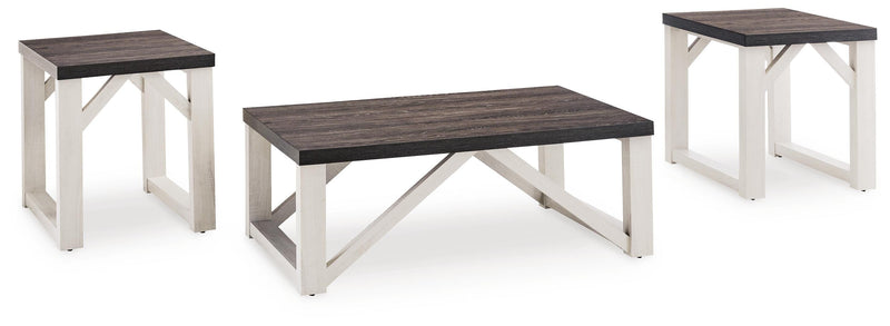 Set of three Ashley Furniture Dorrinson tables with angled wood design, shown from an angled side view.
