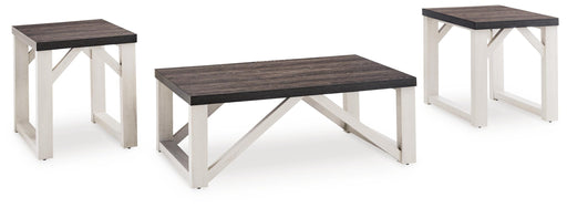 Set of three Ashley Furniture Dorrinson tables with angled wood design, shown from an angled side view.
