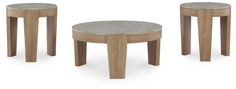 Set of three Ashley Furniture Guystone tables with sleek, modern design, shown in a head-on view.