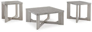 Set of three Garnilly tables from Ashley Furniture, angled side tables with wooden tops and metal frames.