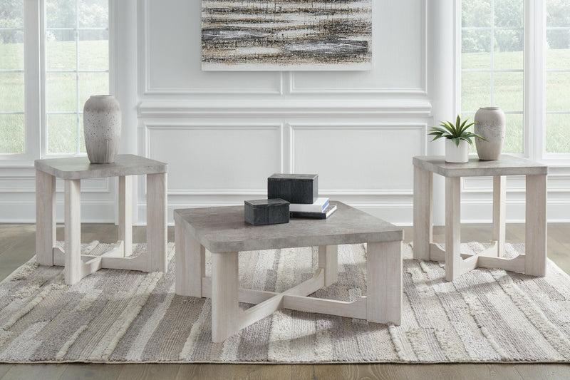 Set of three Garnilly tables by Ashley Furniture, modern wooden side tables with sleek design and natural wood finish.
