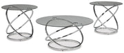 Set of three Ashley Furniture Hollynyx tables in natural wood finish, modern table set with sleek designs.