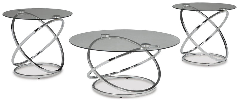 Set of three Ashley Furniture Hollynyx tables in natural wood finish, modern table set with sleek designs.