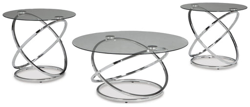 Set of three Ashley Furniture Hollynyx tables in natural wood finish, modern table set with sleek designs.