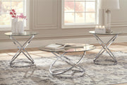Set of three Ashley Furniture Hollynyx tables from the Hollynyx Table Set, featuring modern design and wooden finishes.