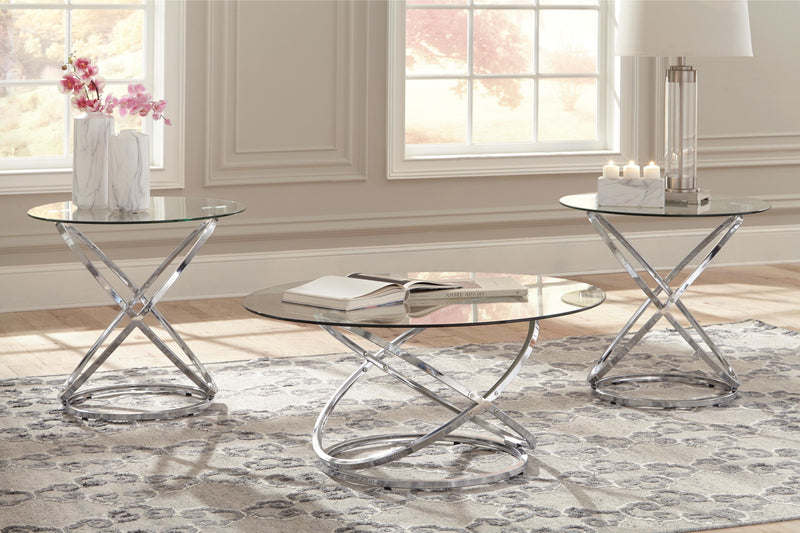 Set of three Ashley Furniture Hollynyx tables from the Hollynyx Table Set, featuring modern design and wooden finishes.
