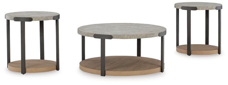 Set of three Ashley Furniture Darthurst tables with sleek wood finishes, shown from an angled side view.