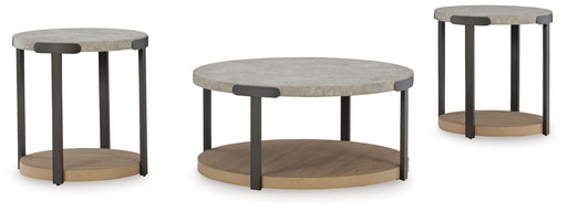 Set of three Ashley Furniture Darthurst tables with sleek wood finishes, shown from an angled side view.