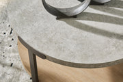 Set of three Ashley Furniture Darthurst tables with dark wood finish, detailed close-up showing modern design and craftsmanship.
