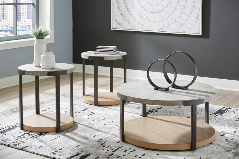 Set of three Ashley Furniture Darthurst tables featuring sleek wooden tops and modern black metal legs.