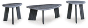 Set of three Ashley Furniture Bluebond tables, featuring sleek angled design and modern blue finish, ideal for contemporary living spaces.