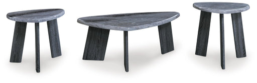 Set of three Ashley Furniture Bluebond tables, featuring sleek angled design and modern blue finish, ideal for contemporary living spaces.