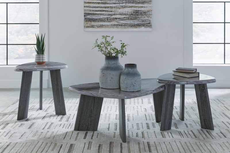 Set of three Ashley Furniture Bluebond tables, nested side tables with blue finish, ideal for living room or accent space.