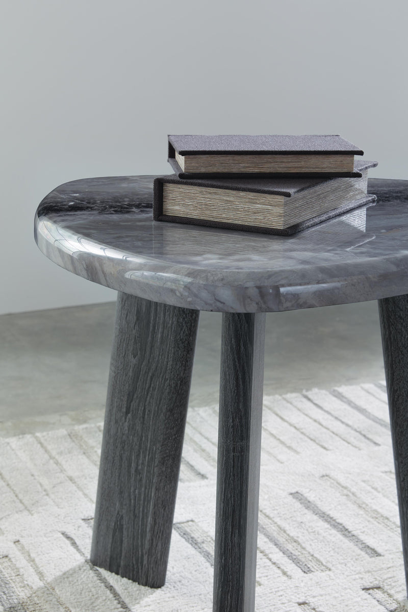 Set of three Ashley Furniture Bluebond tables, featuring detailed end table designs in a modern blue finish.