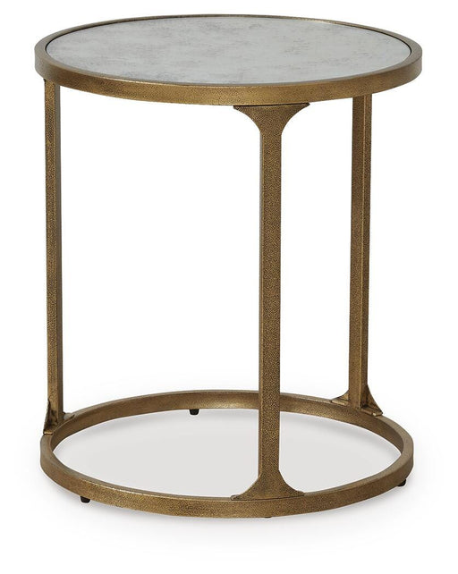 Ashley Furniture Korajane end table with a round wooden top and metal base, shown from an angled side view.