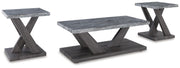 Set of three Bensonale tables from Ashley Furniture with round wooden tops and sleek metal legs, modern living room decor.