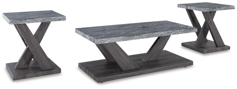 Set of three Bensonale tables from Ashley Furniture with round wooden tops and sleek metal legs, modern living room decor.