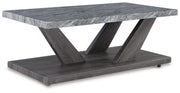 Set of three Ashley Furniture Bensonale tables, angled view showing wooden tops and sleek modern design.