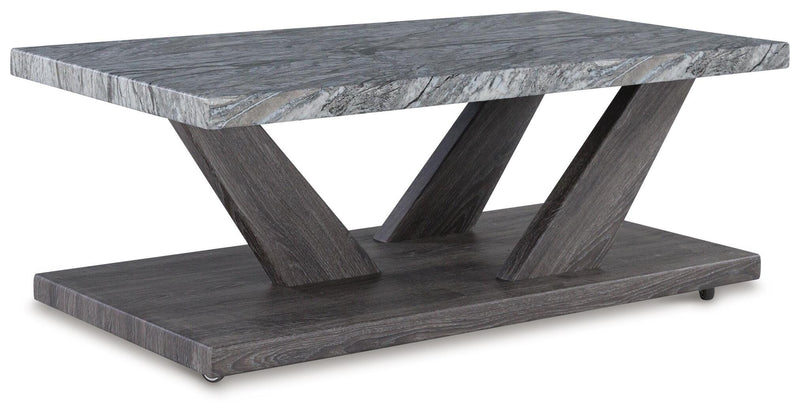 Set of three Ashley Furniture Bensonale tables, angled view showing wooden tops and sleek modern design.