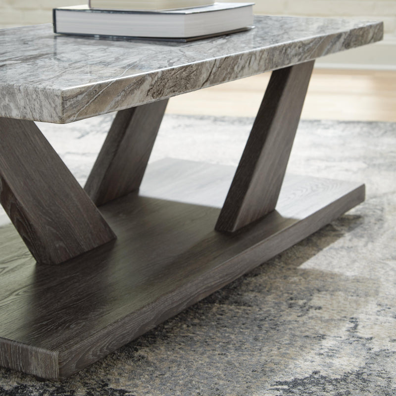 Set of three Bensonale tables from Ashley Furniture featuring modern wooden designs and sleek tabletops.