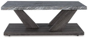 Set of three Bensonale tables by Ashley Furniture, featuring modern wooden tabletops and sleek metal legs.