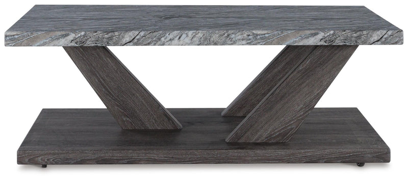 Set of three Bensonale tables by Ashley Furniture, featuring modern wooden tabletops and sleek metal legs.