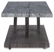 Set of three Ashley Furniture Bensonale tables, modern table set with sleek wooden tops and metal legs, ideal for living room decor.