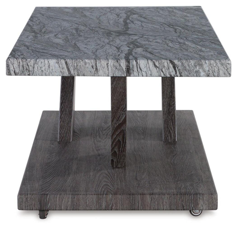 Set of three Ashley Furniture Bensonale tables, modern table set with sleek wooden tops and metal legs, ideal for living room decor.