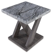 Set of three Ashley Furniture Bensonale tables shown from an end angle, featuring modern wood design and sleek finishes.