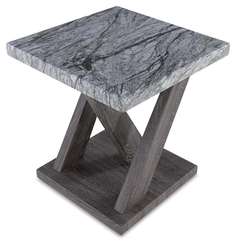 Set of three Ashley Furniture Bensonale tables shown from an end angle, featuring modern wood design and sleek finishes.