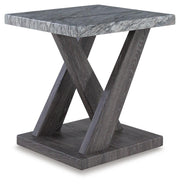 Set of three Bensonale tables from Ashley Furniture, shown from an end angle, featuring sleek design and wood finish.