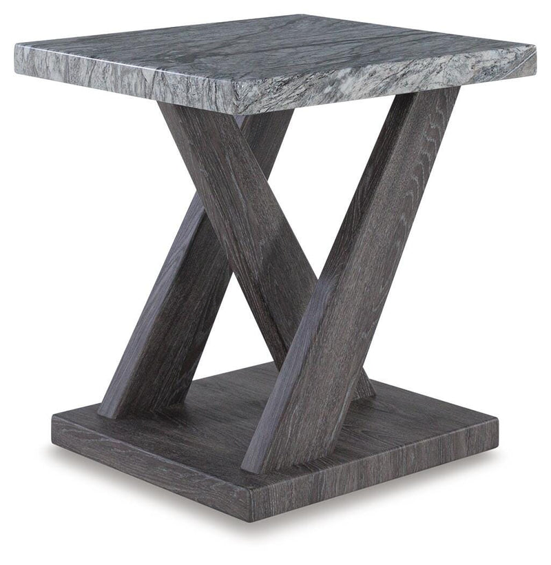 Set of three Bensonale tables from Ashley Furniture, shown from an end angle, featuring sleek design and wood finish.