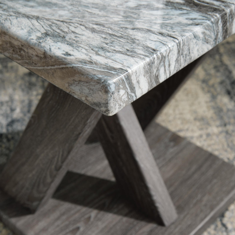 Set of three Bensonale tables by Ashley Furniture, featuring modern design with wooden tops and black metal legs.