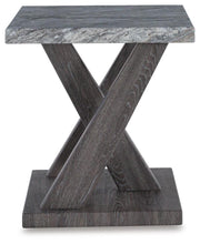 Set of three Bensonale tables from Ashley Furniture, featuring modern wood tops and sleek metal legs.