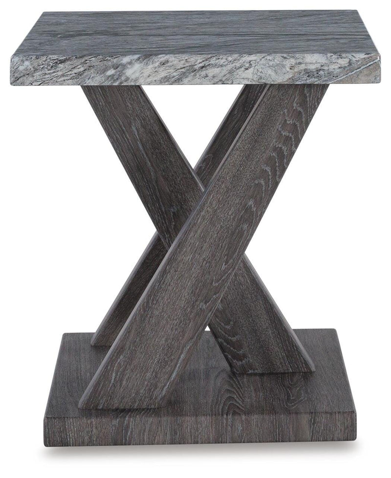 Set of three Bensonale tables from Ashley Furniture, featuring modern wood tops and sleek metal legs.