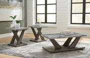 Set of three Bensonale tables by Ashley Furniture, featuring modern wooden tabletops and sleek metal legs.