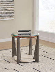 Ashley Furniture Frazwa occasional table set with three modern tables featuring wood finishes and sleek metal legs.