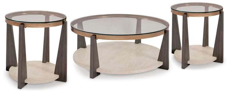Ashley Furniture Frazwa Occasional Table Set featuring two modern tables with sleek wood surfaces and metal legs.