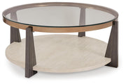 Set of three Ashley Furniture Frazwa Occasional Tables with angled wooden tabletops and metal legs, modern living room style.
