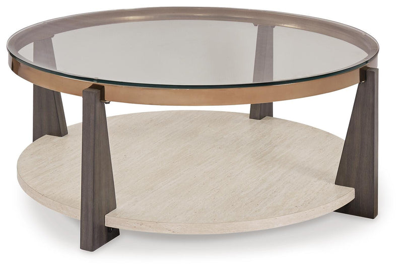 Set of three Ashley Furniture Frazwa Occasional Tables with angled wooden tabletops and metal legs, modern living room style.